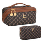 Initial Makeup Bag Personalized Gift for Women Teen Girls (Coffee / E)