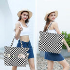Waterproof Beach Tote Pool Bags for Women Ladies Extra Large Gym Tote Carry On Bag With Wet Compartment for Weekender Travel (Checked Black White)