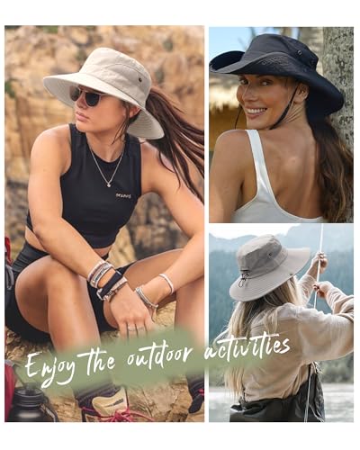 Womens Sun Hat with Ponytail Hole Beach Hiking Summer Wide Brim UPF 50+ Outdoor Protection Foldable Bucket Hat Beige (Beige)
