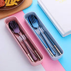 3 PCS Stainless Steel Travel Camping Flatware Set Fork Spoon Chopsticks with Portable Case (Blue)