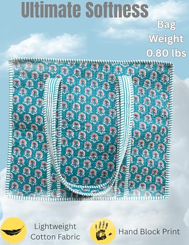 100% Cotton Quilted Tote Bag For Women (Ball Blue Purple Thorn Floral Print)