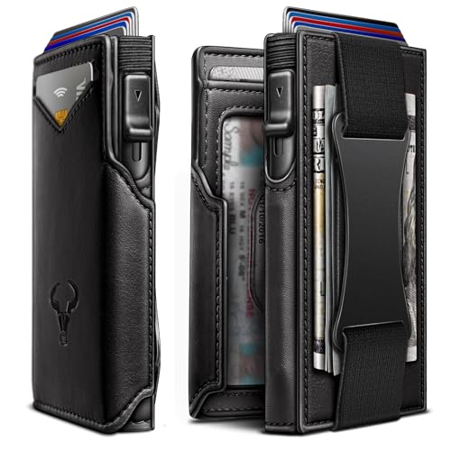 Men Slim Leather Wallet Metal Case Money Clip (Black2717)