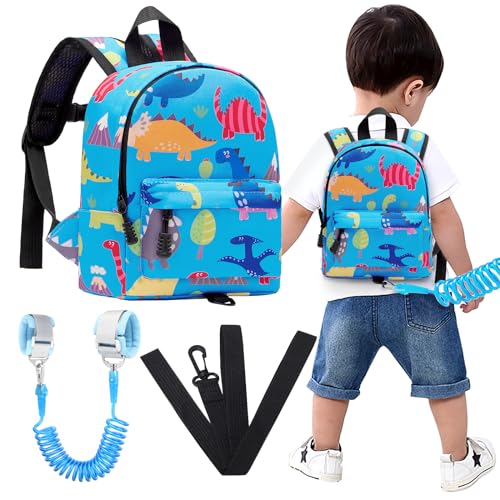Toddler Backpack Leash with Anti Lost Wrist Link (Light Blue/Dino, Blue Link)