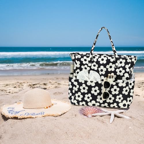 Waterproof Beach Tote Pool Bags for Women Ladies Extra Large Gym Tote Carry On Bag With Wet Compartment for Weekender Travel (Beige Flower With Black Background)