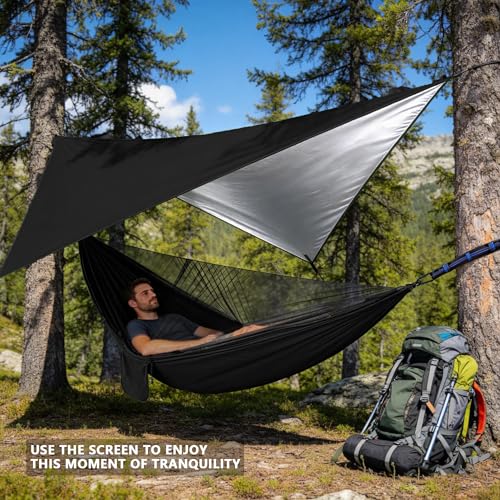Camping Hammock with Rain Fly Tarp Mosquito Net Heavy Duty Tree Straps Portable Double Parachute Hammocks Tent Waterproof Rainfly Set (Rain Fly Size：98.4x59in / Black)