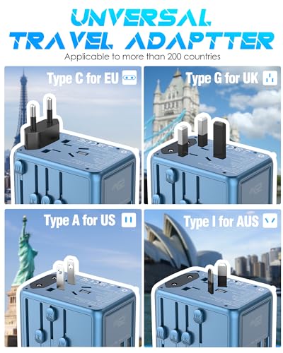 Universal Travel Adapter with 5 USB C (3 USB Type C + 2 USB Type A - Metallic Blue)