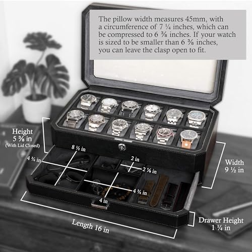12 Slot Leather Watch Box with Valet Drawer (Black / Grey)