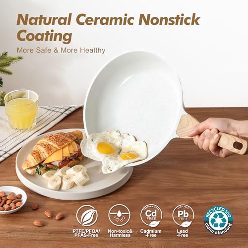 Ceramic Nonstick Frying Pan Skillets (White / 8+11 Inch w/ Lid)