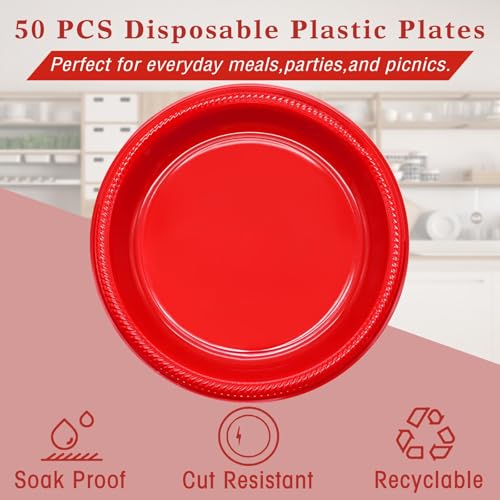 50 Pcs Red Plastic Plates 10 inch (Red / 50 Pcs)