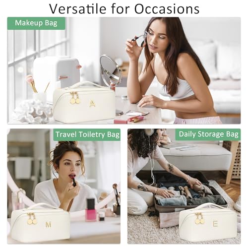 Initial Makeup Bag Personalized Gift for Women Teen Girls (MediumBeige / E)