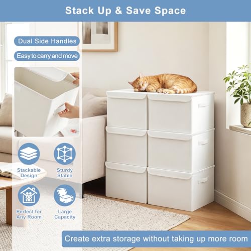 Large 22 Quart Linen Fabric Foldable Storage Bin Cube Organizer Basket with Flip (White / Medium - 4 Pack)