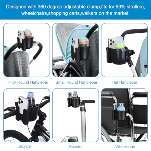Stroller Cup Holder with Phone Holder (All Black Carbon Fiber Texture)
