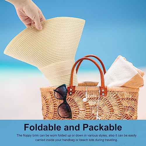 Womens Bowknot Straw Hat Foldable Beach Sun Hat Roll up UPF 50+ (Beige 5.9)