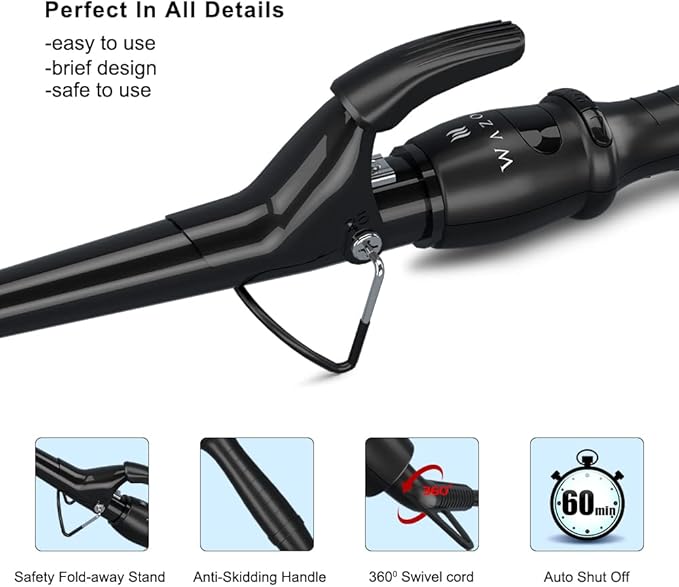 Professional Curling Iron Tapered Curling Wand 1-1/2" Ceramic Hair Curler, Fast Heat-up Multiple Temp Settings Curling Wand with LED Display Auto Shut Off and 2 Hair Clips