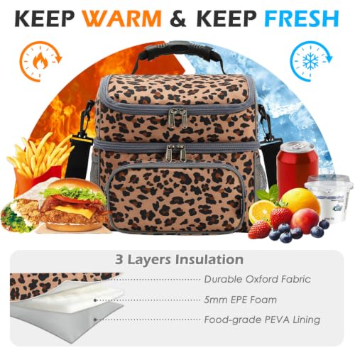 Double Layer Cooler Insulated Lunch Bag Adult Lunch Box Large Tote Bag for Men (Leopard)