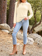 Long Sleeve Shirts for Women Casual Crewneck Tops Basic Tees (Small / 01cream)