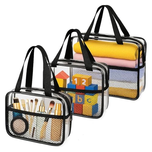 3PCS Clear Travel Toiletry Bags with Handles & Pocketfor Men Women (Black Clear)