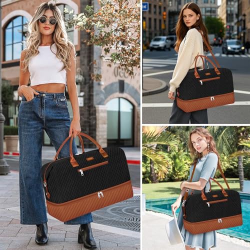 Weekender Bag for Women 21.5" Travel Duffel Large Carry On Bag 3PCS (Large / 9a-Black brown)
