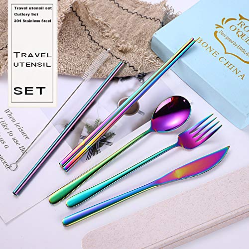 6 Pieces 18 8 Stainless Steel Flatware Set Portable Reusable Cutlery Set Travel Utensils Set Including Chopsticks Knife Fork Spoon Straws Cleaning Brush Dishwasher Safe (Multicolor)