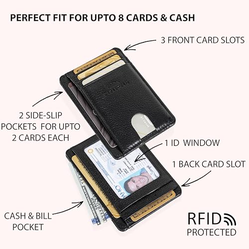 LEATHER Handcrafted Front Pocket Credit Card Holder with RIFD Blocking (Jet Black)