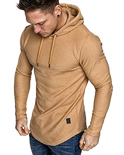 Mens Fashion Athletic Hoodies Sport Sweatshirt Solid Color Fleece Pullover Khaki L (Large / Khaki)