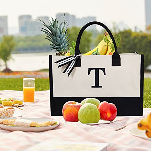 Embroidery Initial Canvas Tote Bag (Black & White / T)