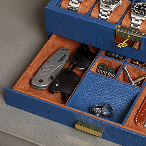 10 Slot Watch Box in Leather with Valet Drawer (Blue/Tan)