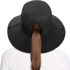 Rosoz Ponytail Sun Bucket Hats for Women UV Protection Foldable Mesh Wide Brim - Image 2
