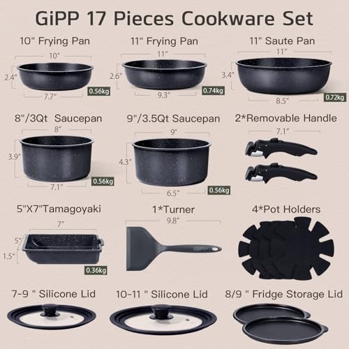 17PCS Pots and Pans Set Nonstick Cookware Set with Detachable Handle (Dark Gray / 17PCS-Big Size)