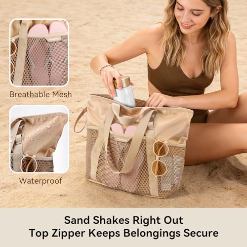Beach Bag with Zipper (Pink & Orange Stripe)