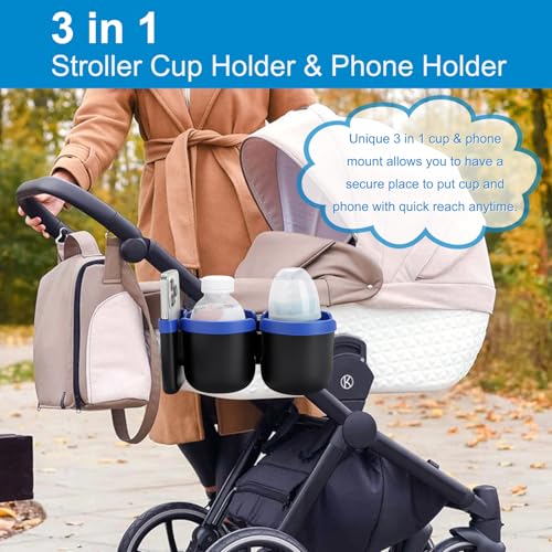 Stroller Cup Holder with Phone Holder (Double Holder-Blue)
