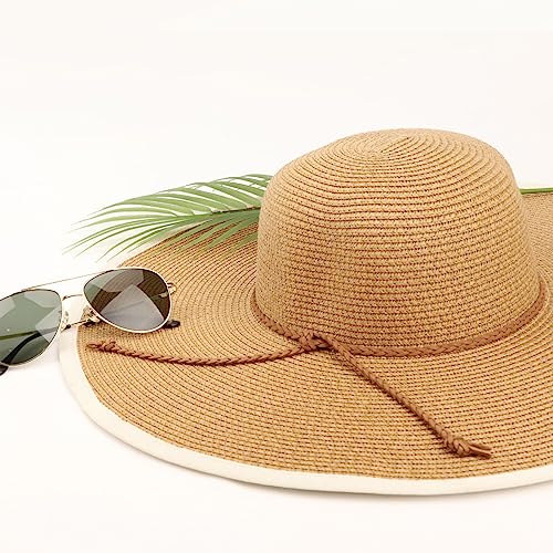 Women Twine Wide Brim Straw Hats Big Floppy Summer Hat Foldable Roll up Cap Beach Sun Hat UPF 50+ (Straw Hat: Khaki 5.9" Brim, 1 Pack)