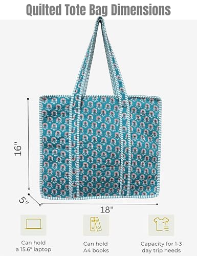 100% Cotton Quilted Tote Bag For Women (Ball Blue Purple Thorn Floral Print)