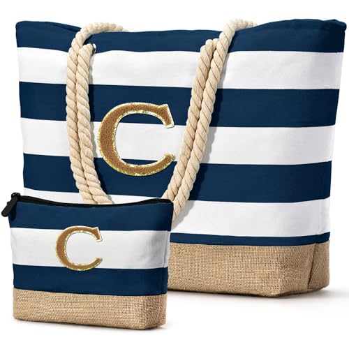 Beach Bag Initial Beach Tote with Makeup Bag for Travel (Dark Blue 2 Pcs)