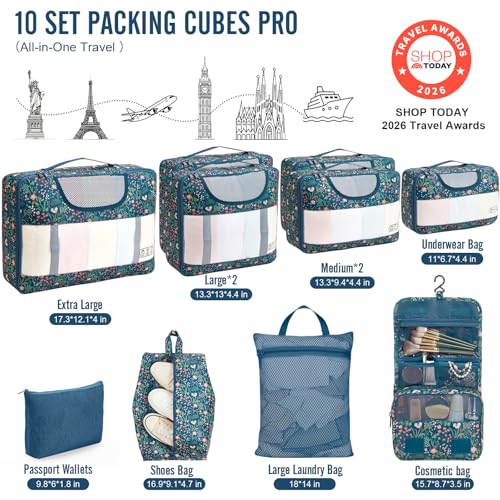 10 Set Packing Cubes for Travel Essentials (08 Navy Flower)