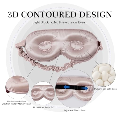 Adjustable 22 Momme 100% Pure Mulberry Silk Sleep Mask (Pink - Fruit Line Art / 1 Count (Pack of 1))