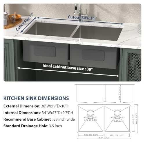 36 Double Bowl Kitchen Sink Undermount 16 Gauge Stainless Steel (Stainless Steel / 36''x19''-50/50)
