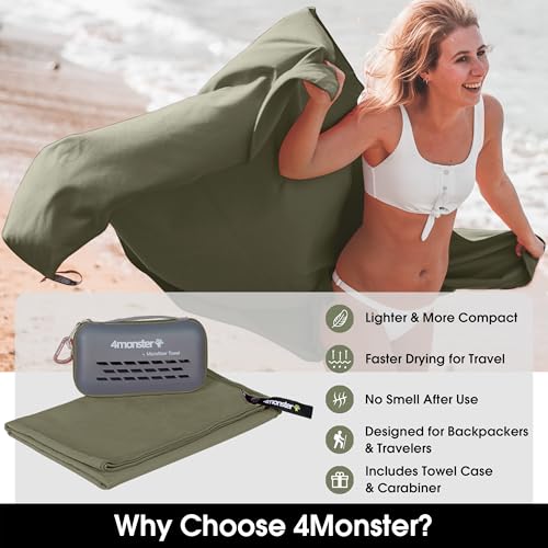 Quick Dry Travel Towel with Case & Carabiner (Army Green / 31.50" x 15.80")