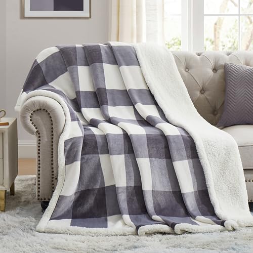 Sherpa Blanket Fleece Throw Blanket Full Queen Plaid Thick Bed Blanket (Grey Checkered / 80"*90")
