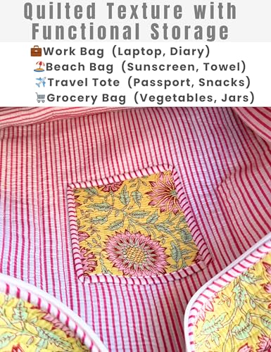 100% Cotton Quilted Tote Bag For Women (Lustrous Yellow Floral Print)