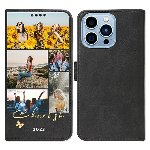 Personalized Flip Wallet Phone Case for Apple iPhone 17 16 15 14 Pro Max Plus 13 Mini 12 11 XR XS X 8 7 SE 2020 with Photo Picture Image Text Name (Black-G)