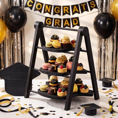 3 Tier Graduation Cap Serving Trays Wooden Platters 13'' 11'' 9'' Plate Board Reusable Plate Congrats Grad Party Serving for Graduate Party Sharing Snacks (Graduation Cap)