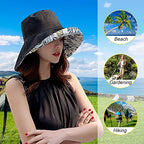 Women Floral Reversible Wide Brim Sun Hats Summer UV Protection Hiking Fishing Hat Wired Edge Beach Garden Lawn Work Cap Chin Strap (Medium / Qf002-black)