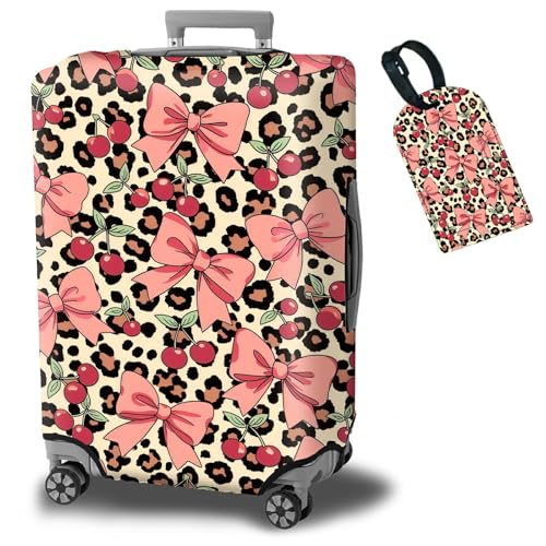 Luggage Cover Suitcase Protector Plus 1 Luggage Tag (Coquette Pink Bows Leopard / L)