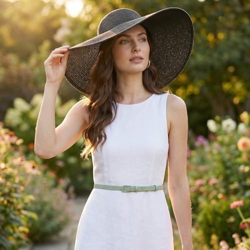 Beach Hats for Women Big Straw Wide Brim Summer Hat Floppy Foldable Roll up Cap Sun Hat UPF 50+ (Straw Fedora: Black, 4.7" Brim, 1 Pack)