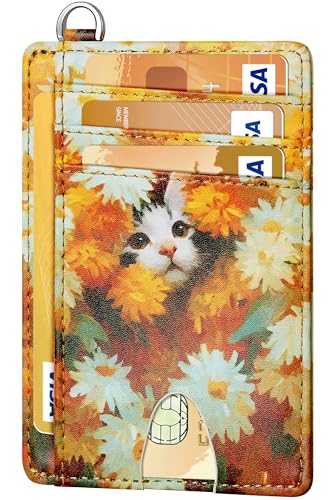 Slim Minimalist Wallet RFID Credit Card Holder for Men (small / Daisies and Cat)