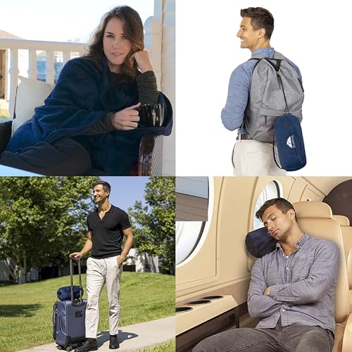 Premium Soft Rolled Travel Blanket Pillow Airplane (Travel / R04-navy Blue)