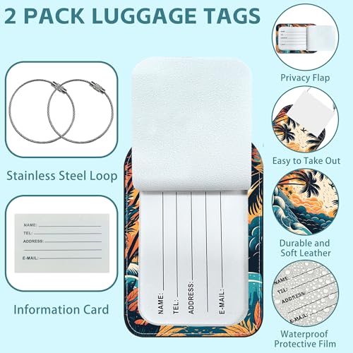 2 Pack Cute Luggage Tag for Suitcases Summer Beach Leather Luggage Tags with Stainless Steel Loop Privacy Flap Name Tags (Summer Beach)