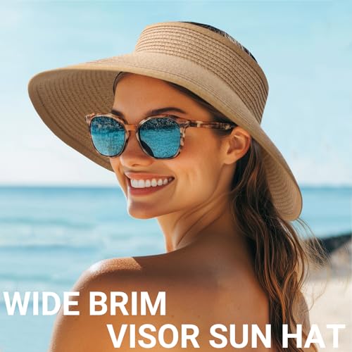 Sun Visor Hats for Women Wide Brim Straw Packable Beach Hat Khaki (Khaki)