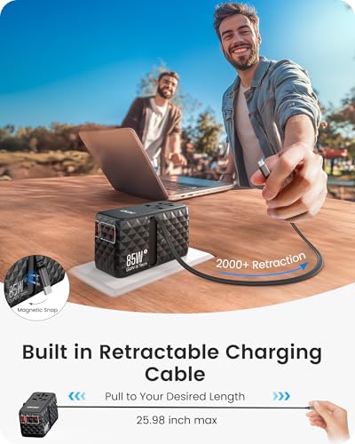 85W Universal Travel Power Adapter with Retractable USB C Cable (85W-1A3C-with Retractable Cable / Black)